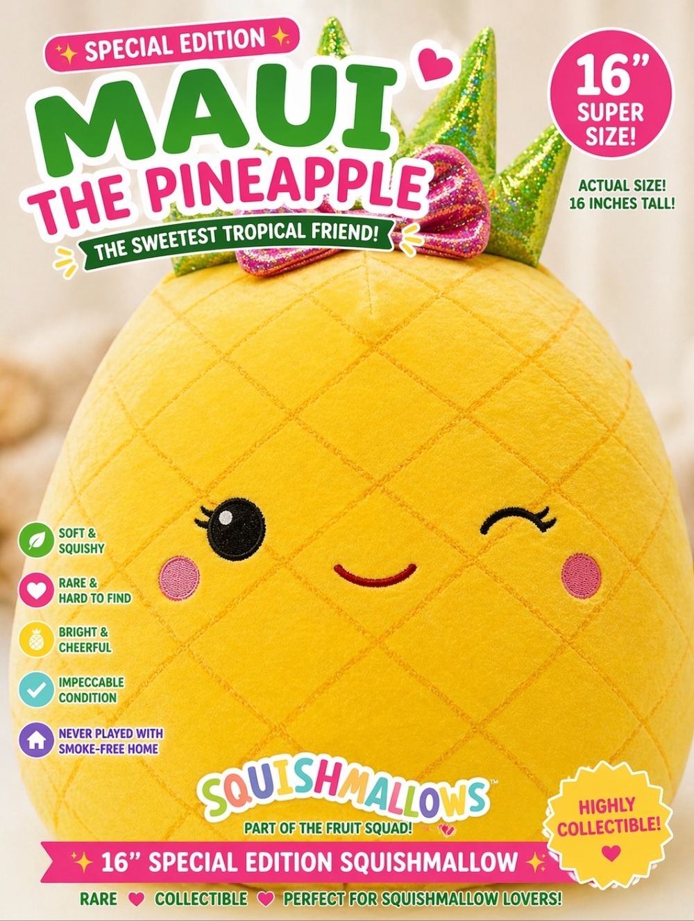 16" Maui Pineapple Squishmallow 🍍 Rare Fruit Squad Plush Pink Bow Large 16 Inch